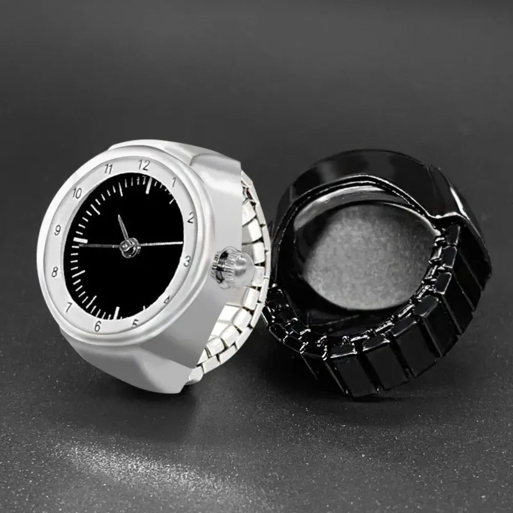 White Black Punk Quartz Watch Rings for Men Women, Mini Elastic Strap Finger Clock Ring, Creative Fashion Jewelry