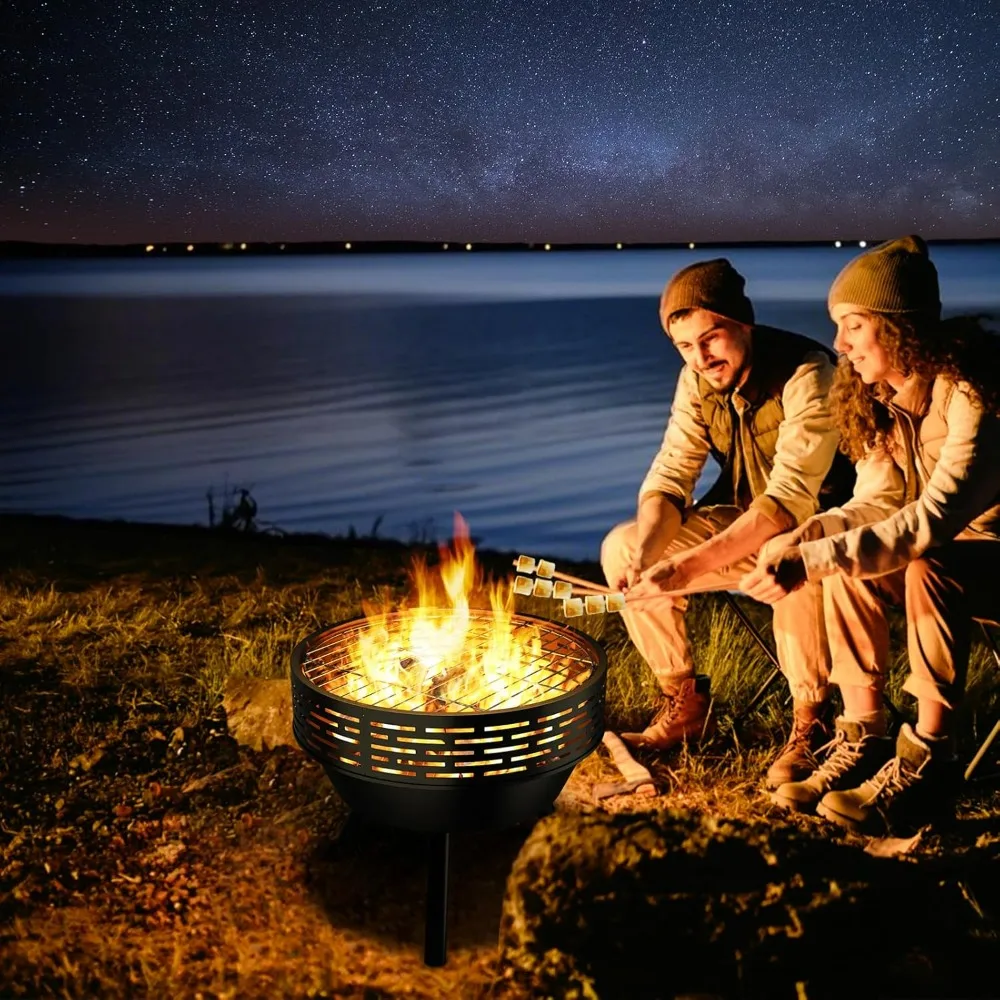 حفرة نار خارجية لحرق الخشب، حفرة نيران شديدة التحمل للخارج مع شواية وغطاء وعاء حريق فولاذي 23 بوصة للشواء والفناء #5