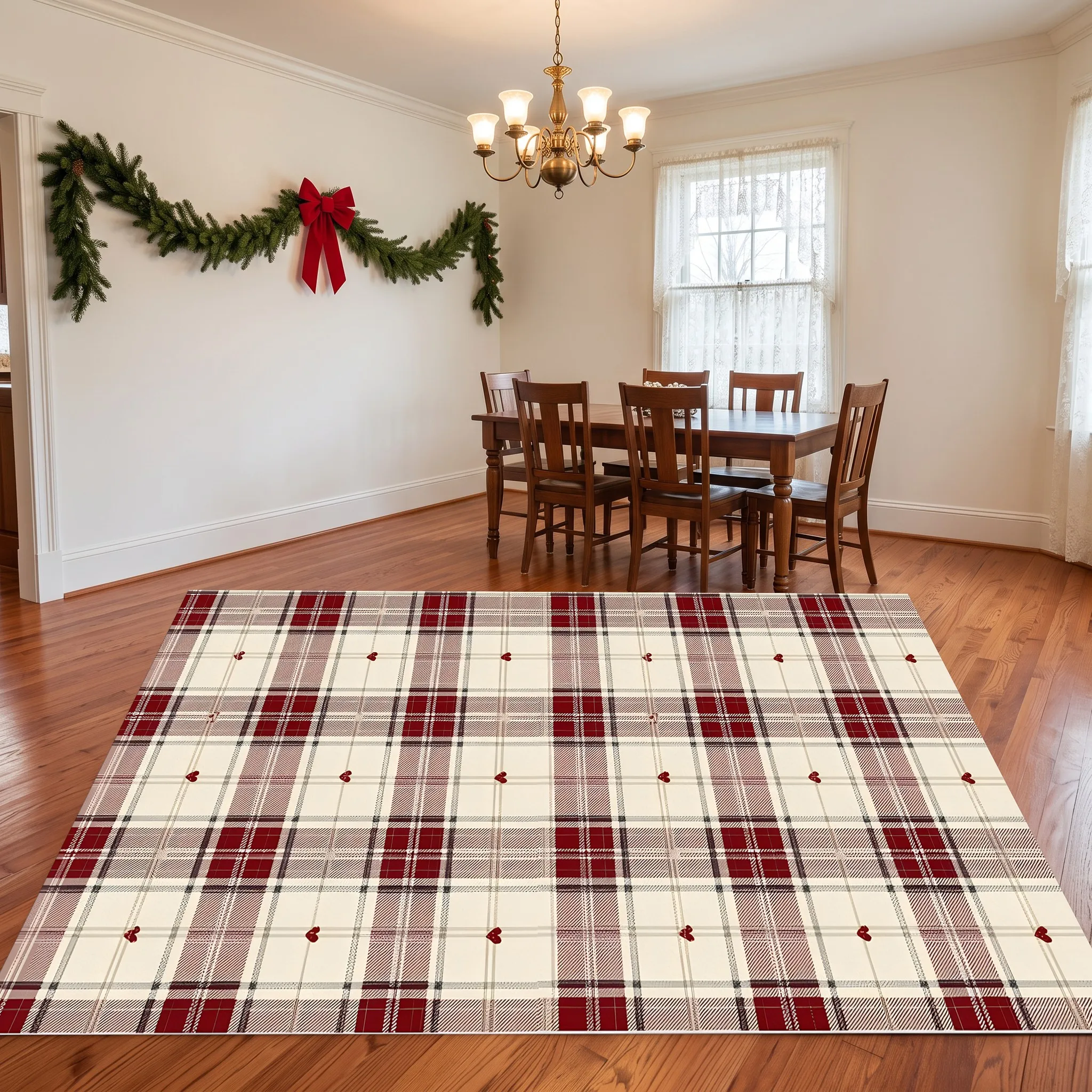 A Vintage-Style Velvet Rug with a Pink and White Checkered Pattern and Small Hearts, Perfect for the Living Room, Bedroom, or Bedside Creates a Warm and Inviting Atmosphere for Autumn and Winter.