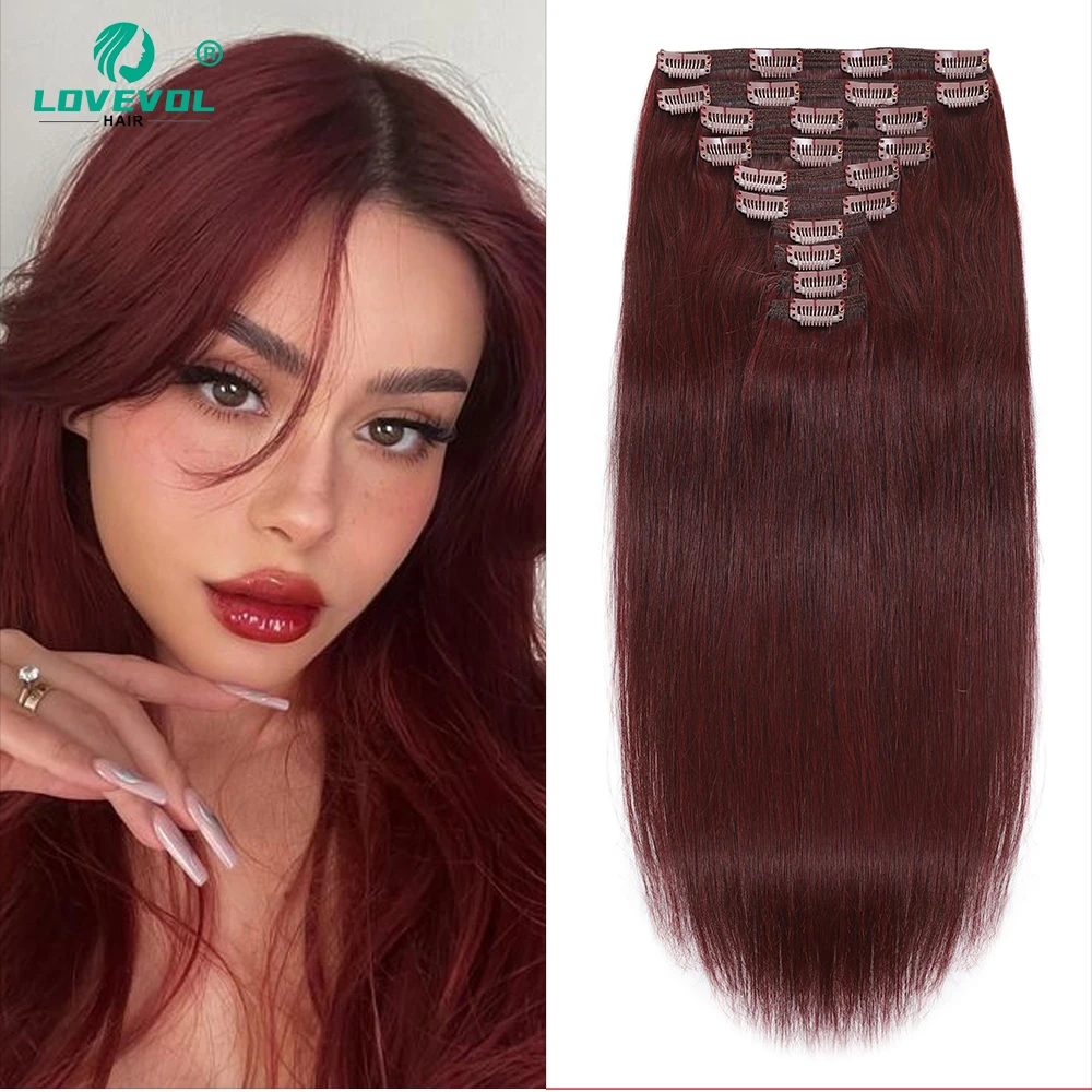 Lovevol  Burgundy Wine Clip In Hair Extensions Real Human Hair 10pcs Real Hair Extension Clip Full Head Soft Natural Extensions