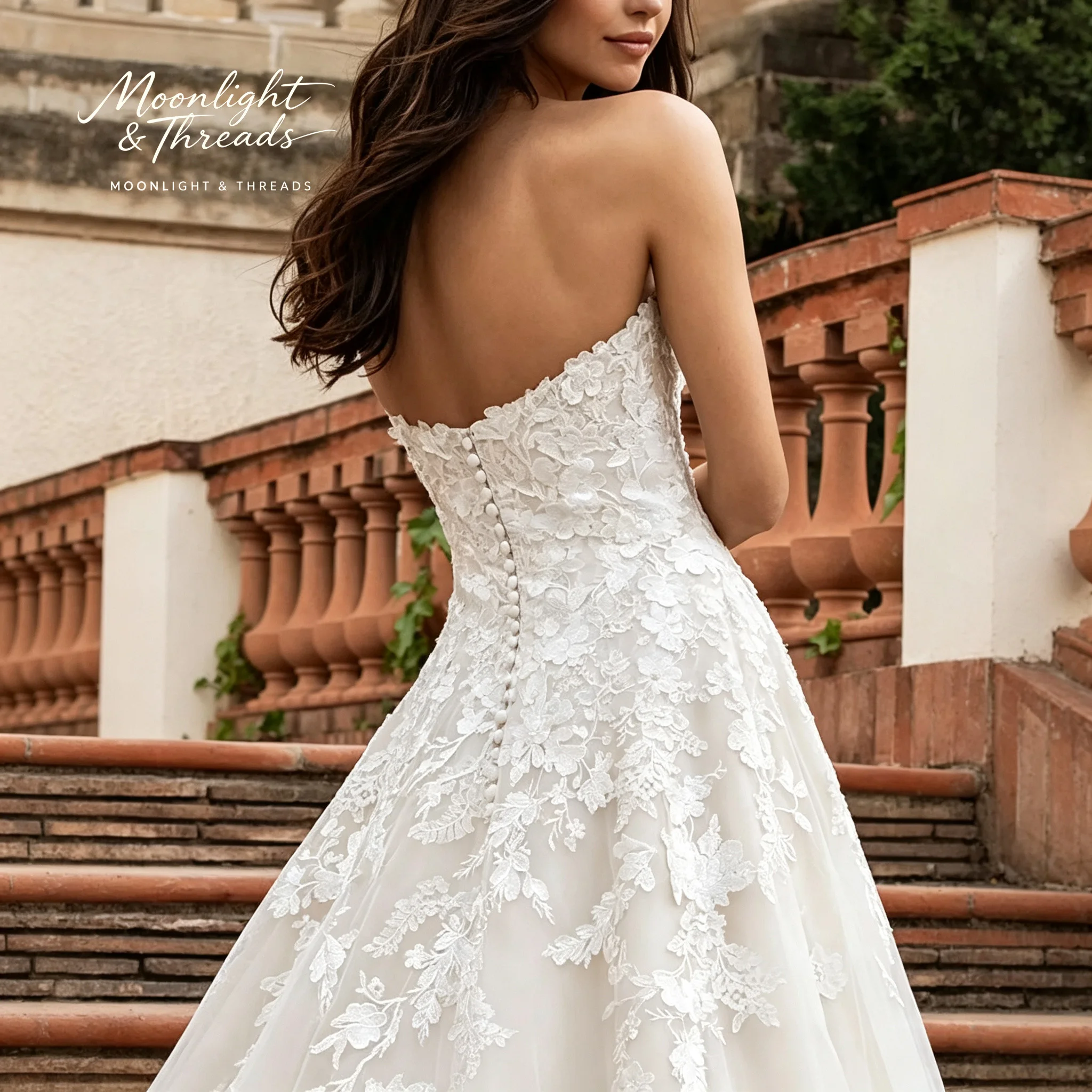 Boho Strapless Sweetheart Neckline Bridal Gown 3D Floral Lace Appliques Corset A Line Wedding Dress With Train view 5