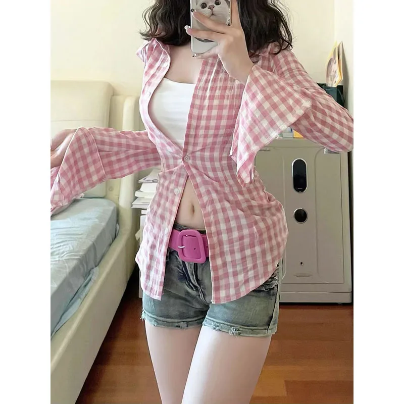 Pink Plaid Women Blouses Harajuku Korean Style Y2k Flare Sleeve Shirts Tunic Casual Sexy Crop Tops Gyaru Streetwear