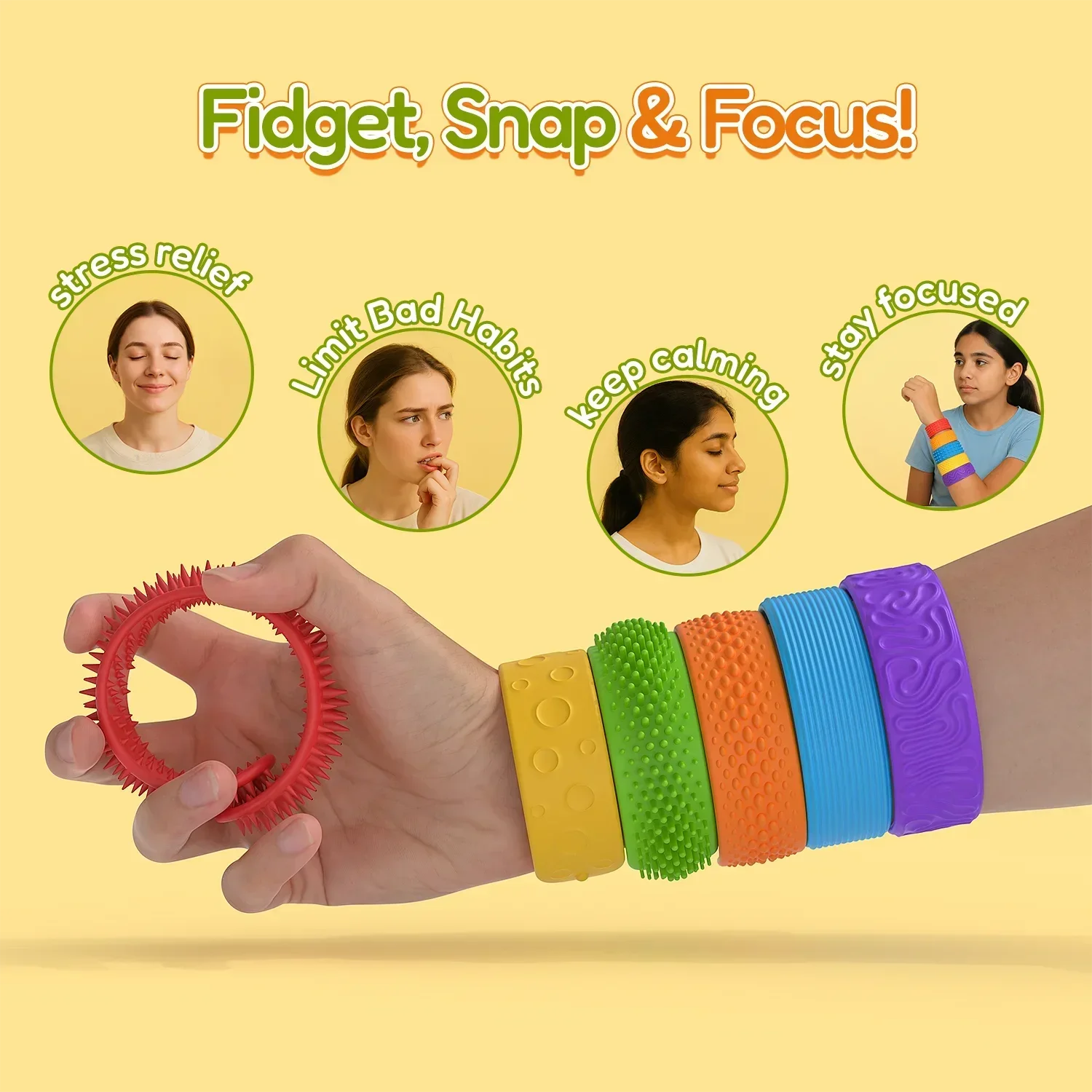 Sensory Fidget Toys Slap Bracelets for Kids, Textured 6 Pack, Stress Fidgets for Anxiety Autism ADHD, Wearable Sensory Toys