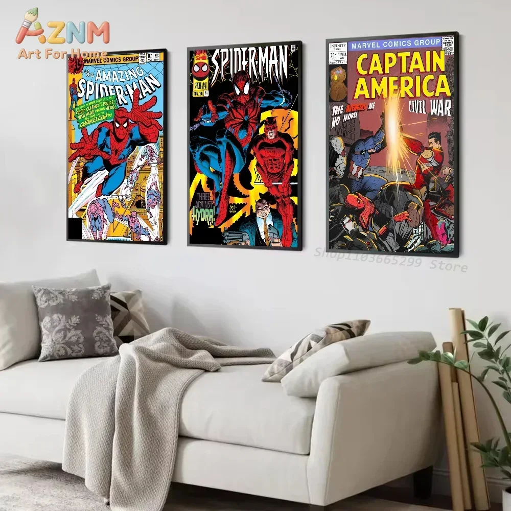 AZNM Vintage Marvel Comic Frameless Canvas Print, Retro Spider-Man & Captain America Superhero Wall Art, Classic Comic Book Home