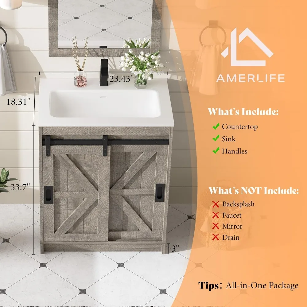 24 Inch Farmhouse Small Bathroom Vanity Cabinet with Sink, Light Grey