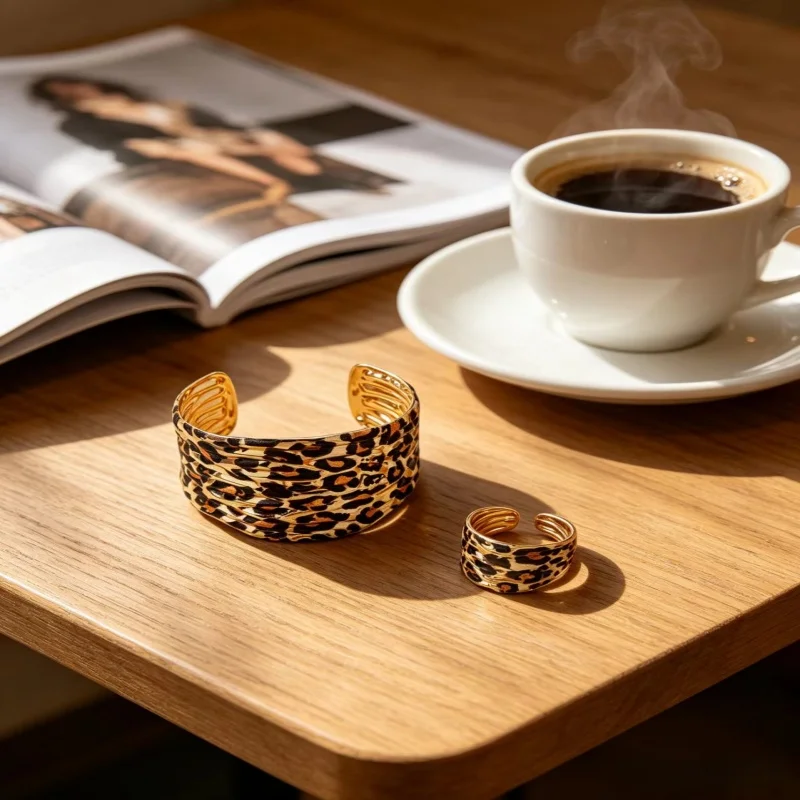 

Fashionable Exaggerated Leopard Print Geometric Mixed Metal Bracelet Ring Set Elegant Women's Everyday Party Accessory Unique Je