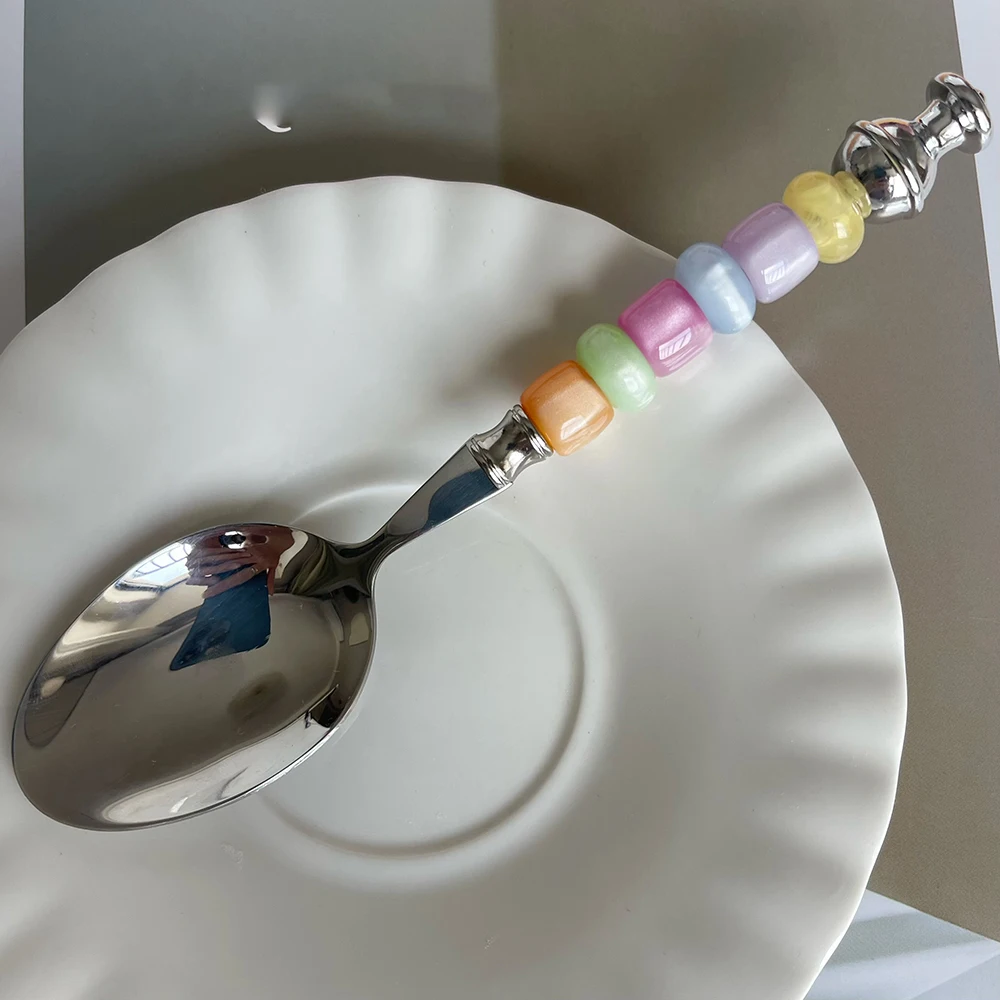Cute Colorful Beading Stainless Steel Spoon Fork Vintage Dessert Spoon Western Food Coffee Salad Fork Creative Ice Cream Spoon view 4