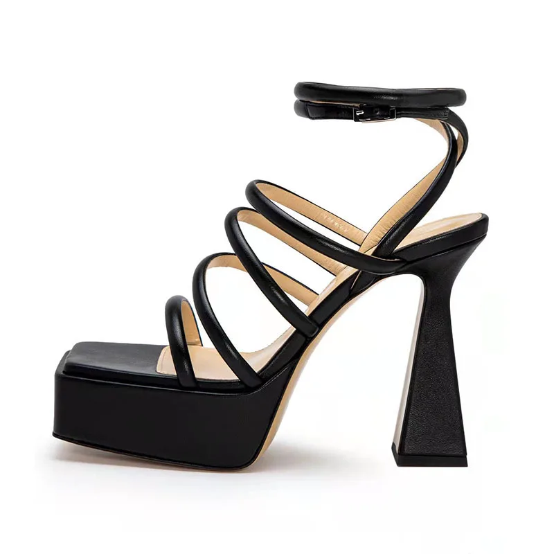 جلد ناعم مربع الأصابع منصة سميكة عالية الكعب لون نقي حزام كبير الحجم الصنادل المألوف المنصة حزام واحد الأحذية