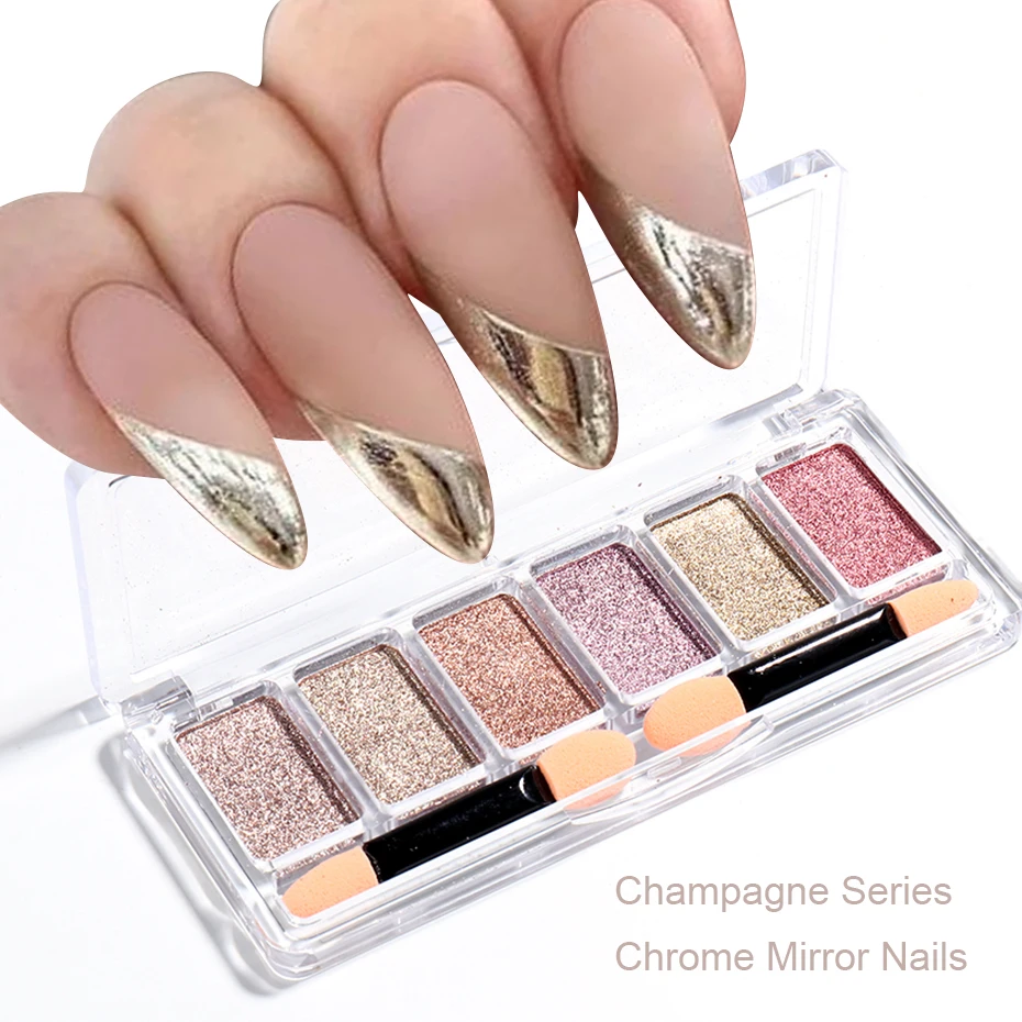 4/6สี Magic Mirror Glitter ผง Chrome เล็บสีแชมเปญ Rub Nail Art แปรงแต่งเล็บ JI1933-1