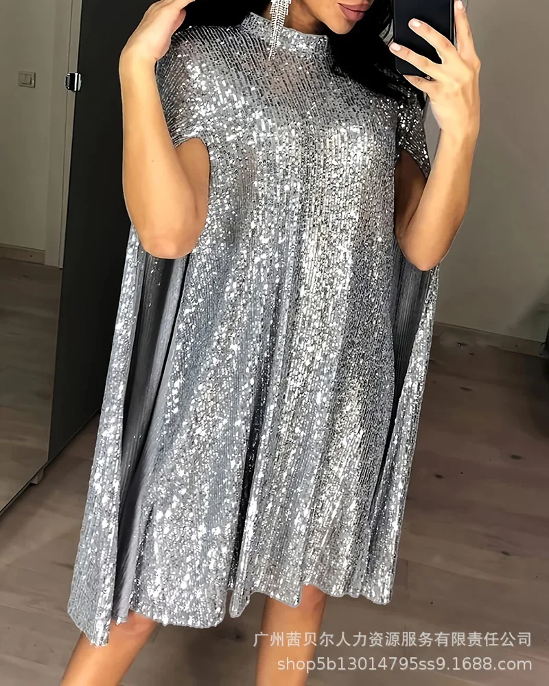 Damska sukienka z cekinami, jednokolorowa, z długim rękawem, modna, letnia, swobodna mini seksowna sukienka