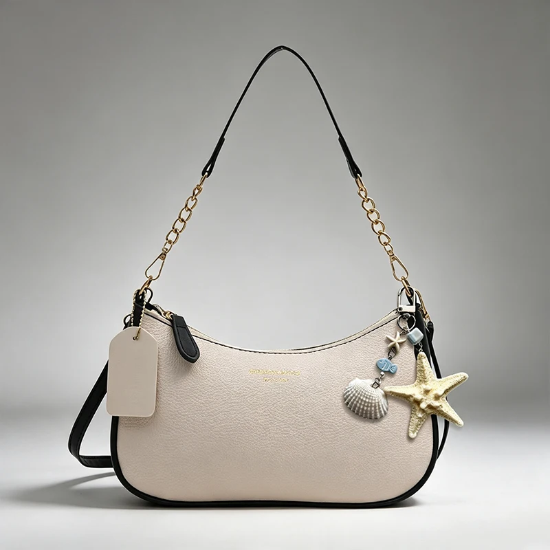 Einfarbige Kunstleder-Hobo-Tasche mit Muschel- und Kettenriemen, Casual-Stil, für Pendel- und Ausflugszwecke, Schulter- und Unterarmtaschen für Frauen – Detail 14