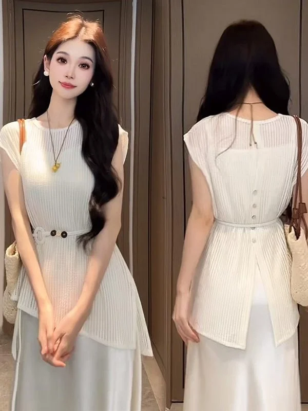 

Elegant Hollow out Asymmetrical Sleeveless Knitted Sweater Women's Summer New Style Versatile Waist Cinching Slimming Back Bu...