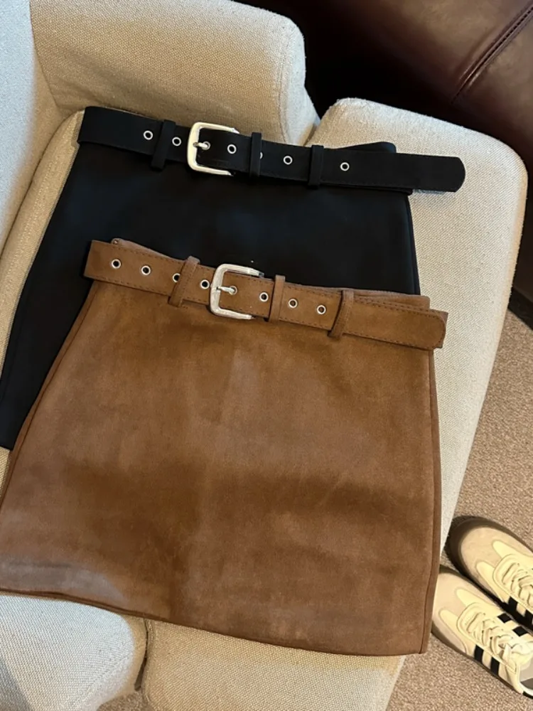 Karamell Hirsch Wildleder Rock Damen Hohe Taille A-Linie Ort Rock Abnehmen Anti-Licht Wrap um Rock Koreanische Sle pendeln