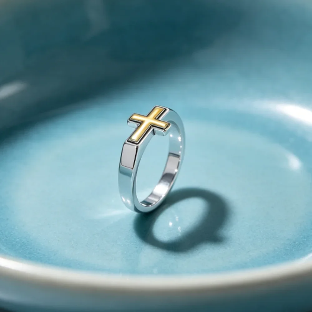 2027 New S925 Sterling Silver Finger Ring, Embedded Gold Cross Motif, Simple Square Band Shape, Premium Polished Finish, Unisex Fashion Accessory, Faith Inspired Jewelry, Wonderful Gift Choice for Anniversary and Holiday