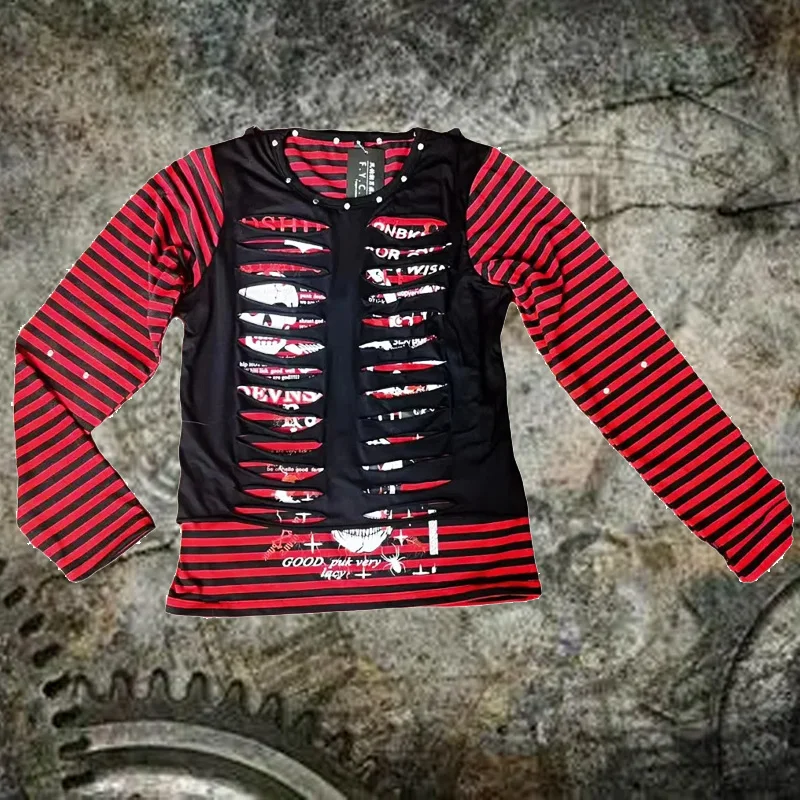 2026 Kill Matt Non mainstream Subculture Punk Retro Striped Skull Pattern Punched Long Sleeve Neutral T-shirt