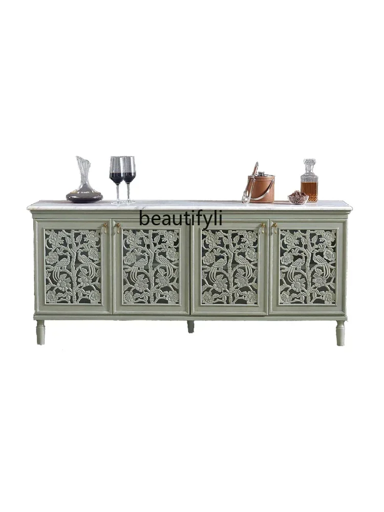 

V American solid wood hollow carved dining side cabinet retro wine cabinet living room decorative entrance cabinet