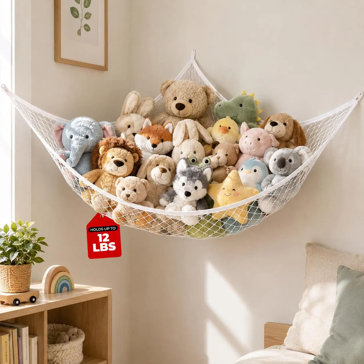 Rede de Armazenamento de Brinquedos em Malha, Organizador Suspenso para Bichos de Pelúcia, Grande, Economizador de Espaço, Suporte de Canto de Parede, Decoração Vazada para Quarto Infantil, Berçário, Sala de Brincadeiras, Fácil de Instalar, Expositor de Brinquedos de Pelúcia