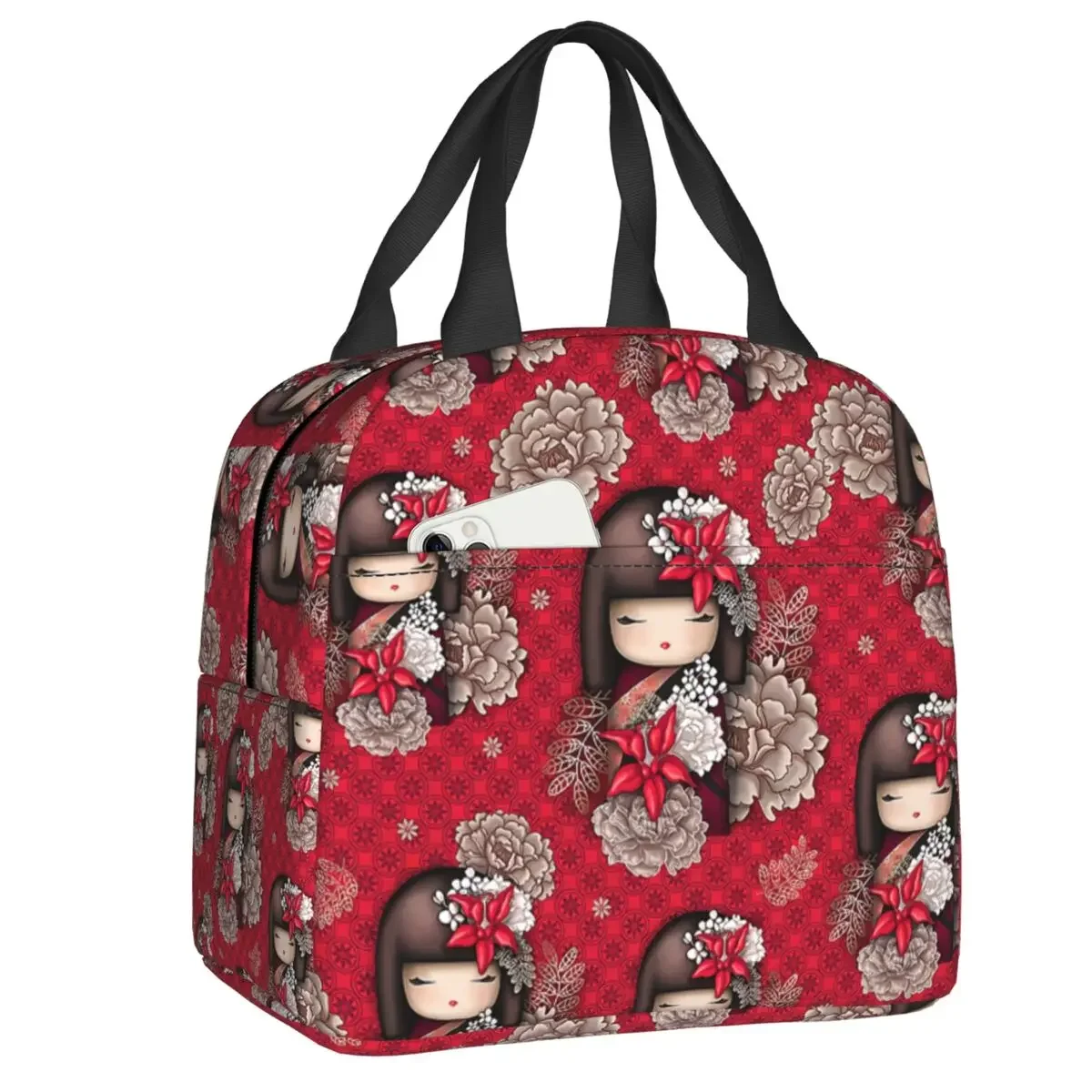 2025 Nuevo rojo Sakura Kokeshi muñeca japonesa bolsa de almuerzo aislada para mujeres refrigerador térmico a prueba de fugas caja Bento niños escolares