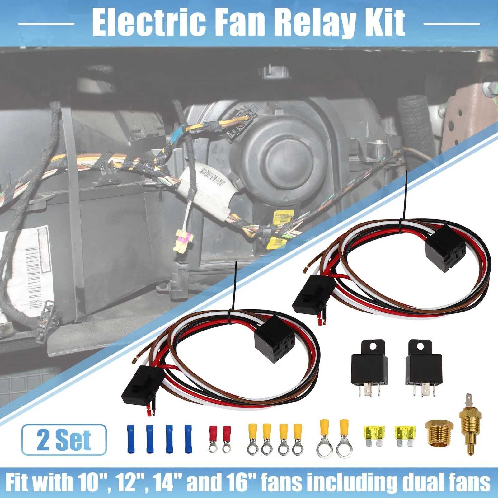 Dual Electric Fan Relay Kit with Thermostatic Sensor Switch 185 On 175 Off 40A