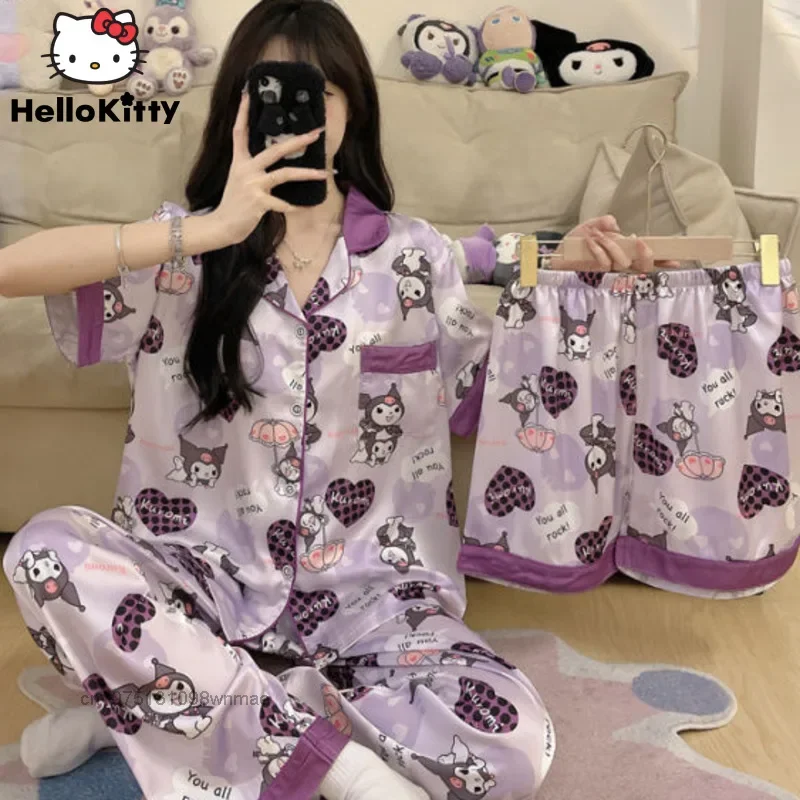 Sanrio Kuromi Silky Summer 2 Pcs Pajamas, Female Ice And Snow Silk, Casual Student Fashion, Women's Sleepwear Home Clothing Set