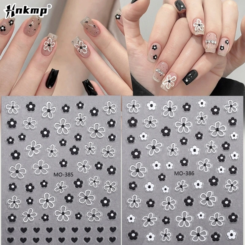 1Pcs 3D Black White Flower Nail Sticker Lovely Flower Petal Charm  Japanese Korean Style Slider Y2K Manicure Art Decoration Tips