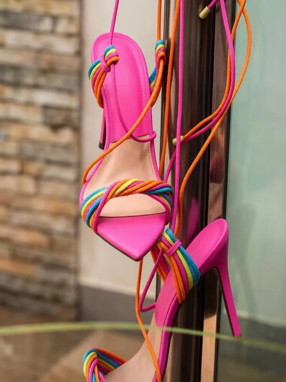 

Colorful Summer Lace-Up Stiletto Heeled Sandals Pointed Toe Design Rainbow Twisted Strap Detail Wrap Around Cross Strap Footwear