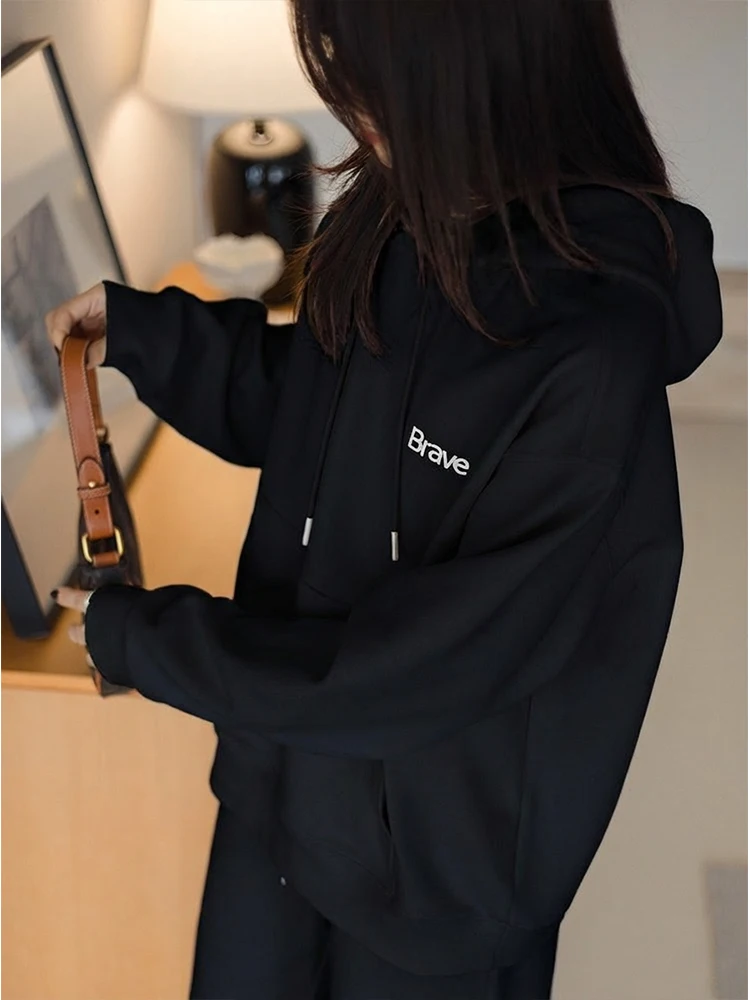 

Loose Fit Women's Hoodie Sweatirt Embroidered Lettering Comfortable Lazy Sle Faionable Top Bla Cotton Polyester Blend