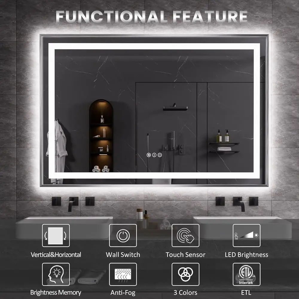 مرآة حمام مضيئة 24 × 36 بإطار من النيكل المصقول، مضادة للضباب، مقاومة للكسر، قابلة للتعتيم، 3 ألوان #2