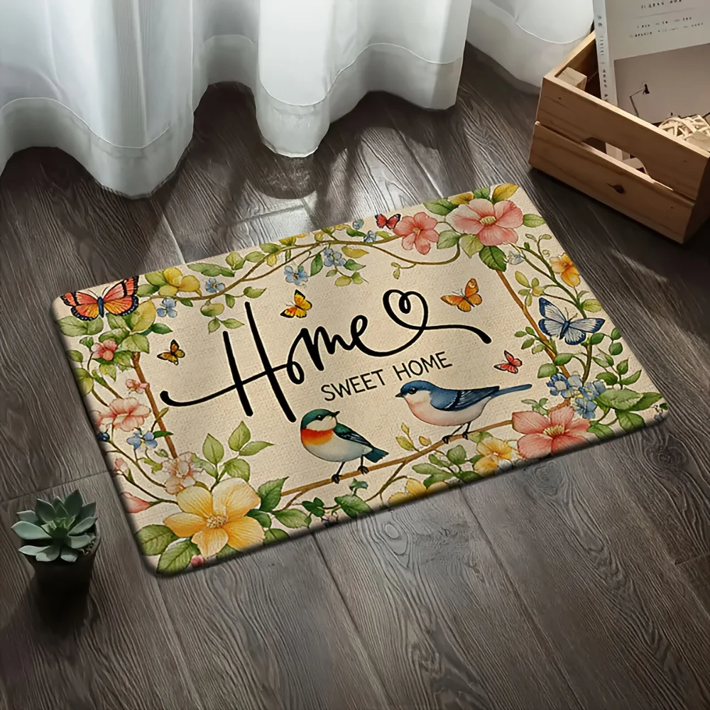 Country Floral Bird Butterfly Rug  Sweet Home Letter Print Anti Slip Water Absorbent Indoor Entrance Floor Mat Home Decor