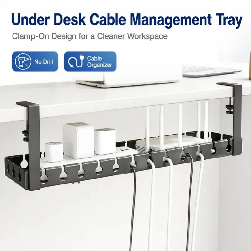 Under Desk Cable Management Tray No Drilling Retractable Metal Wire Organizer Power Strip Storage Rack for Home Office