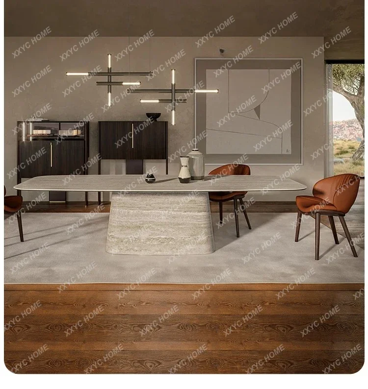 HMJTravertine rock slab dining table and chairs modern simple household small apartment new restaurant rectangular dining table
