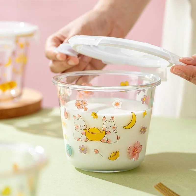 Portable Glass Soup Bowl with Lid for Microwave Heating Lunch Box Sealable Freshness Preservation Container round Shape for C...