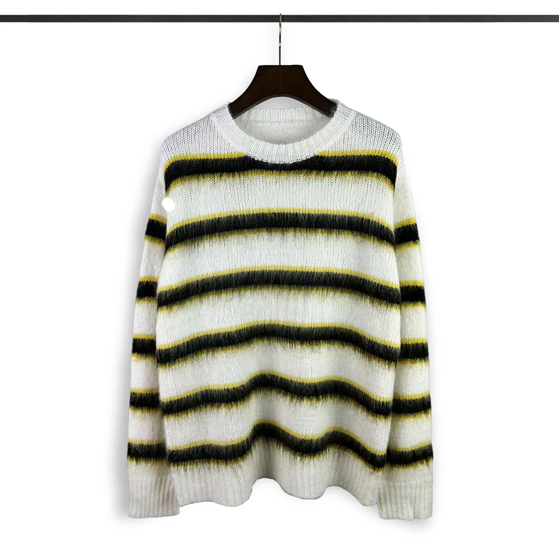 Autumn Winter Round Neck Stripe Knit Sweater Mohair Contrast Loose Mens Pullovers Sweaters Oversize Vintage Color Block Sweater