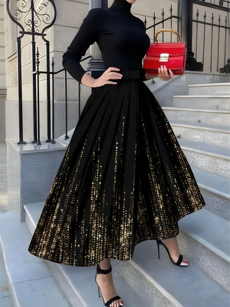 

Юбка-полусолнце из черной ткани с золотистым принтом в горошек, в стиле весенне-летнего отпуска.