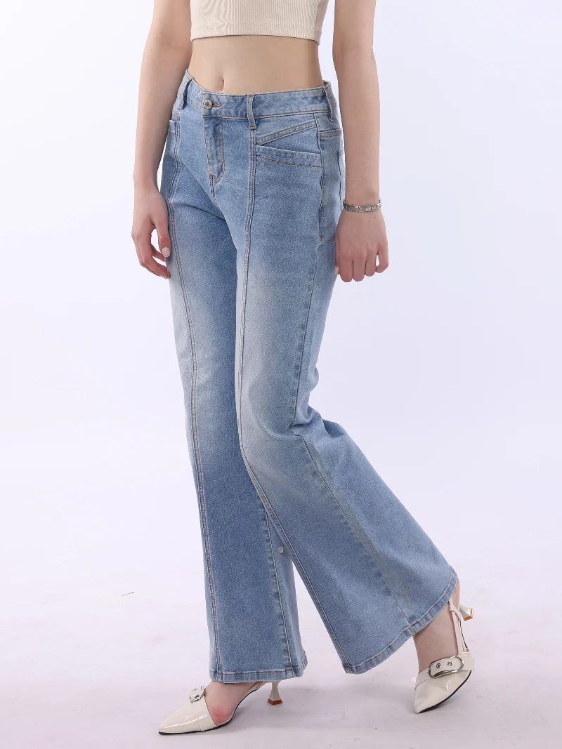 ヨーロッパ系アメリカ人レトロデニムパンツ レディースストレートレッグパンツ カジュアルミッドウエストワイドレッグパンツ おしゃれなレディースパンツ