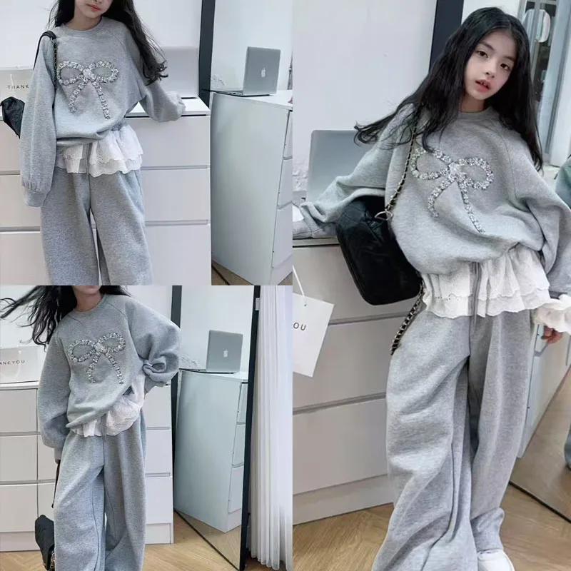 

Girls Two Piece Set 2026 Spring Autumn New Bow Korean Style Hoodie Lace Trim Wide Leg Pants Outfit Trendy Cute Children Clothing