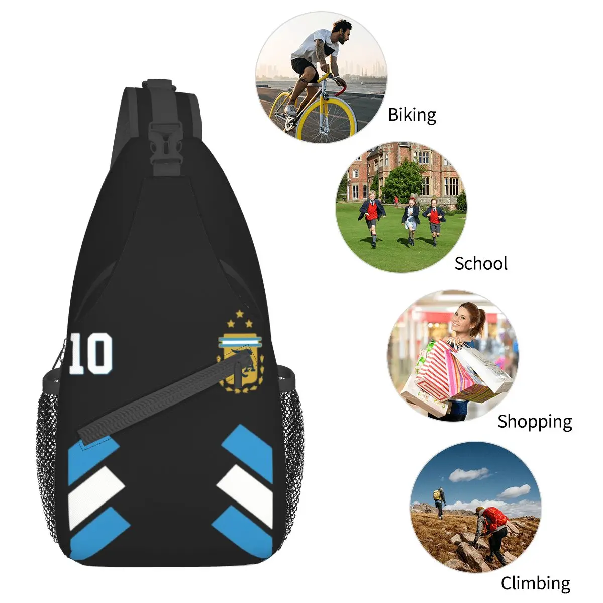 Number 10 Argentina Football Small Sling Bags Chest Crossbody Shoulder Sling Backpack Outdoor Sports Daypacks Messi Printed Bag