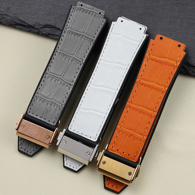 

Black Blue White Waterproof Watch Band For HUBLOT BIG BANG 25*19mm Genuine Leather Cover With Rubber Bottom Wrist Watch Strap