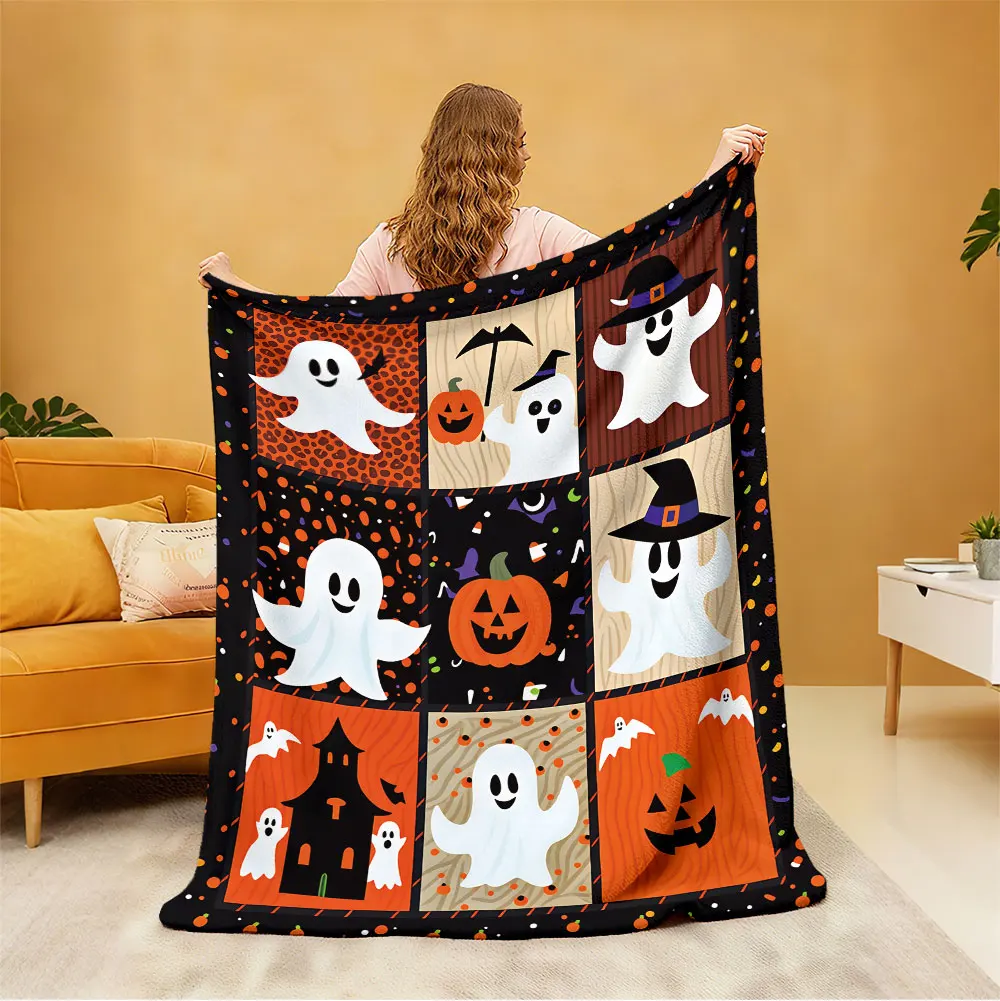 1pc Halloween Ghost Pumpkin Pattern Flannel Throw Blanket Soft Comfortable For Break Nap Relax Sofa Bed Home Holiday Decor Gi