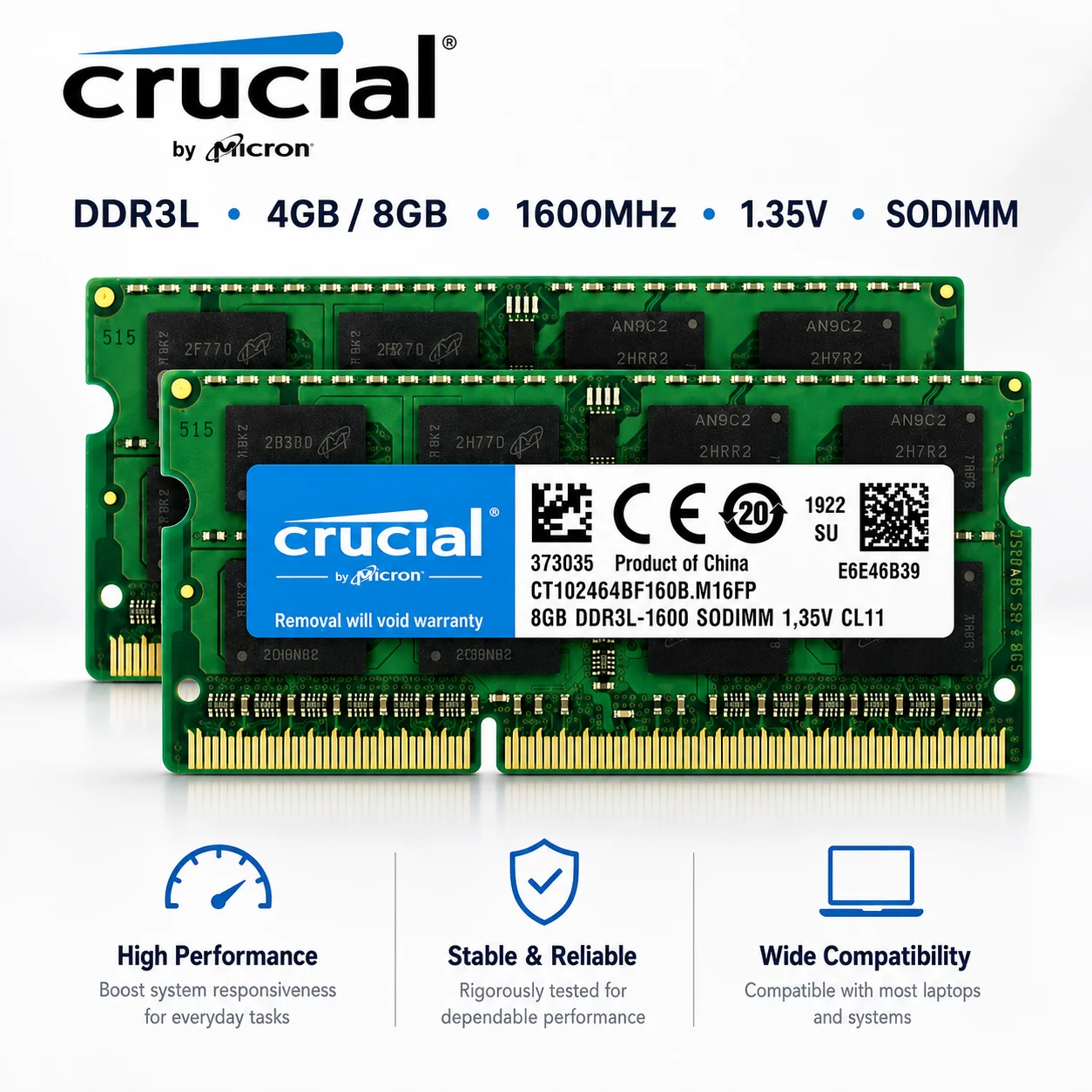 Memória RAM Crucial DDR3L 4GB 8GB 1333MHz 1600MHz PC3L 10600S 12800S 204Pin 1.35V SODIMM para Laptop Notebook