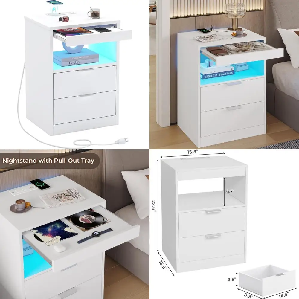 

Светодиодная тумбочка с беспроводной зарядкой, белая, современный приставной столик для спальни с 2 ящиками и светодиодной подсветкой, элегантный торцевой столик для современного H