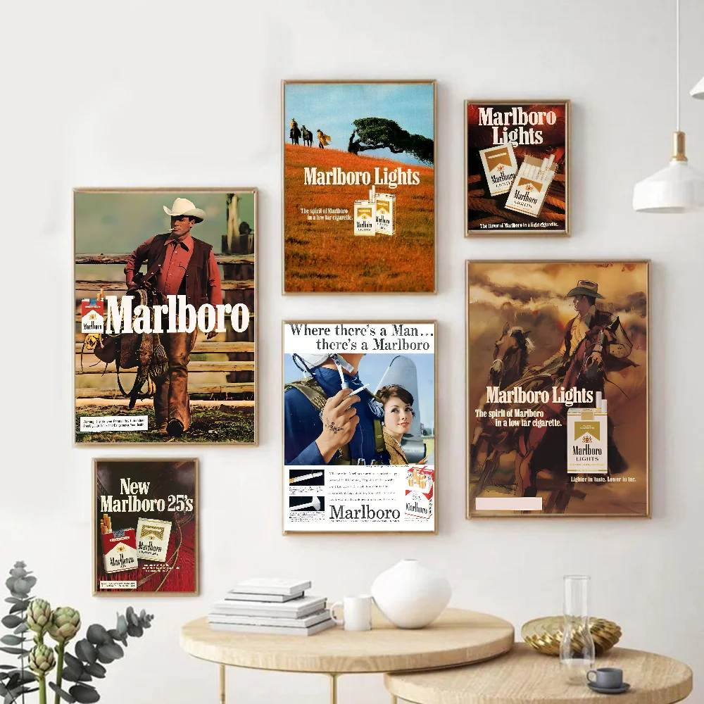 M-Marlboro Vintage Cigarettes Whitepaper Poster Waterproof Paper Sticker Coffee House Bar Aesthetic Art Wall Painting