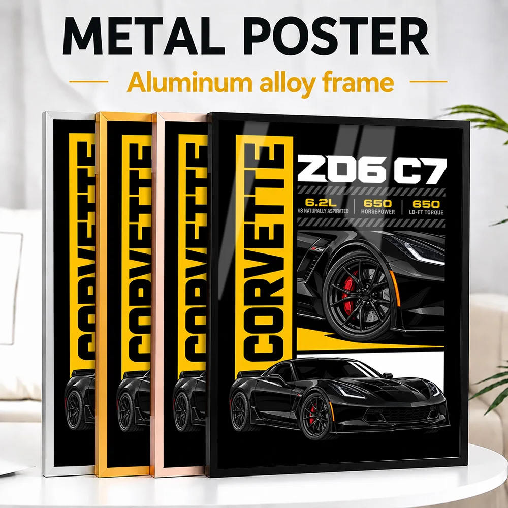 American Corvette Z06 C7 Black Sports Car Framed Metal Poster Personalized Track Performance Wall Art Ideal For Collector Den