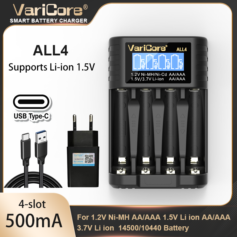  VariCore  ALL4  ALL8  USB Type-C For 1.2V Ni-MH AA/AAA 1.5V Li ion AA/AAA 3.7V Li ion14500/10440 Battery charger 
