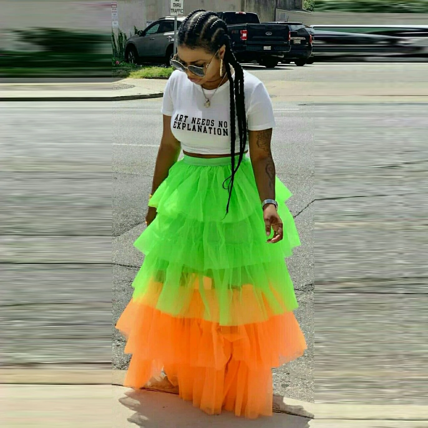 

Green Orange High-Low Tulle Skirt Tiered Ruffles Prom Skirt Tulle Gown Under Petticoat Halloween Party Outfit Custom Color