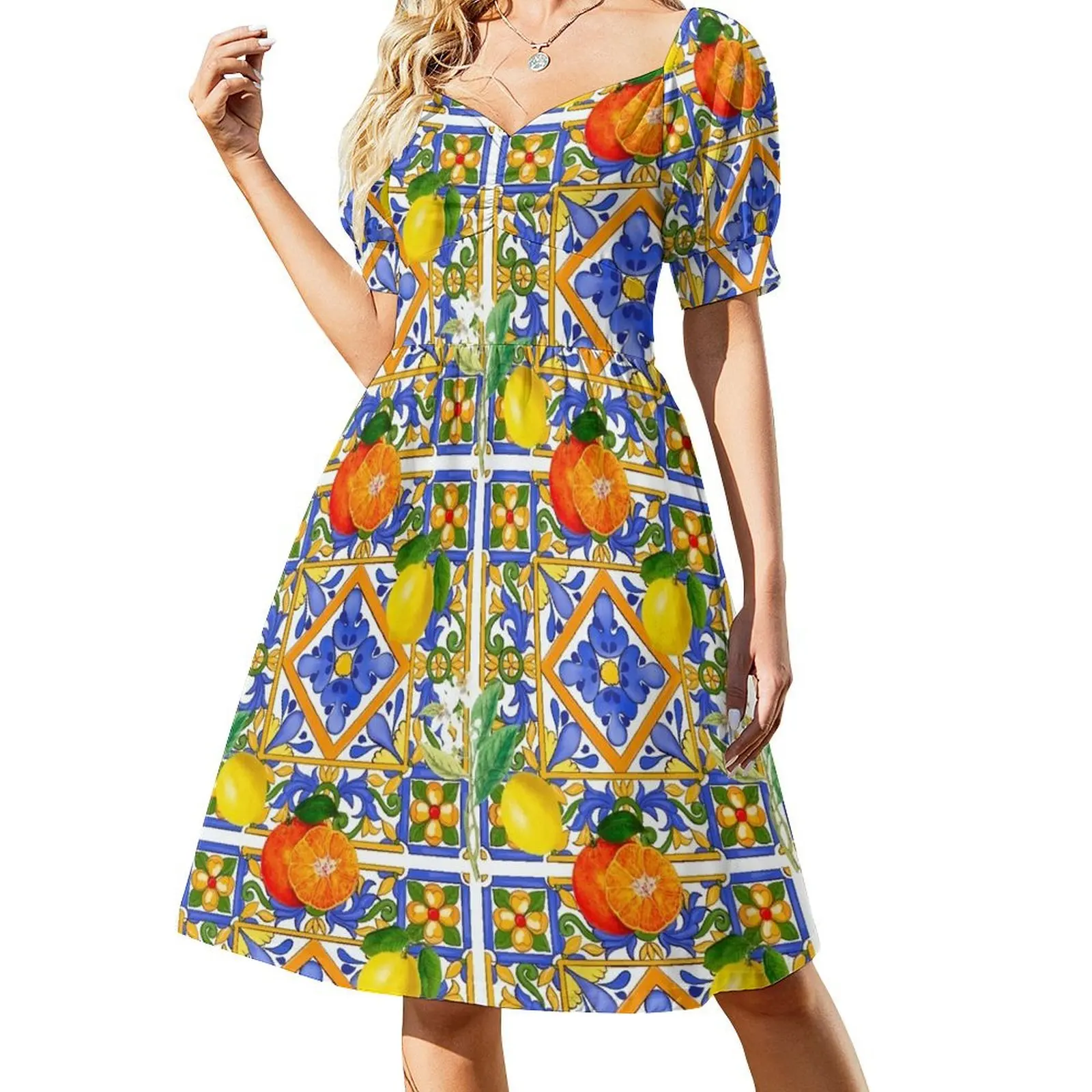 Summer ,Sicilian tiles ,citrus,oranges,majolica,lemons ,Mediterranean Short Sleeved Dress Woman fashion woman dress Dress