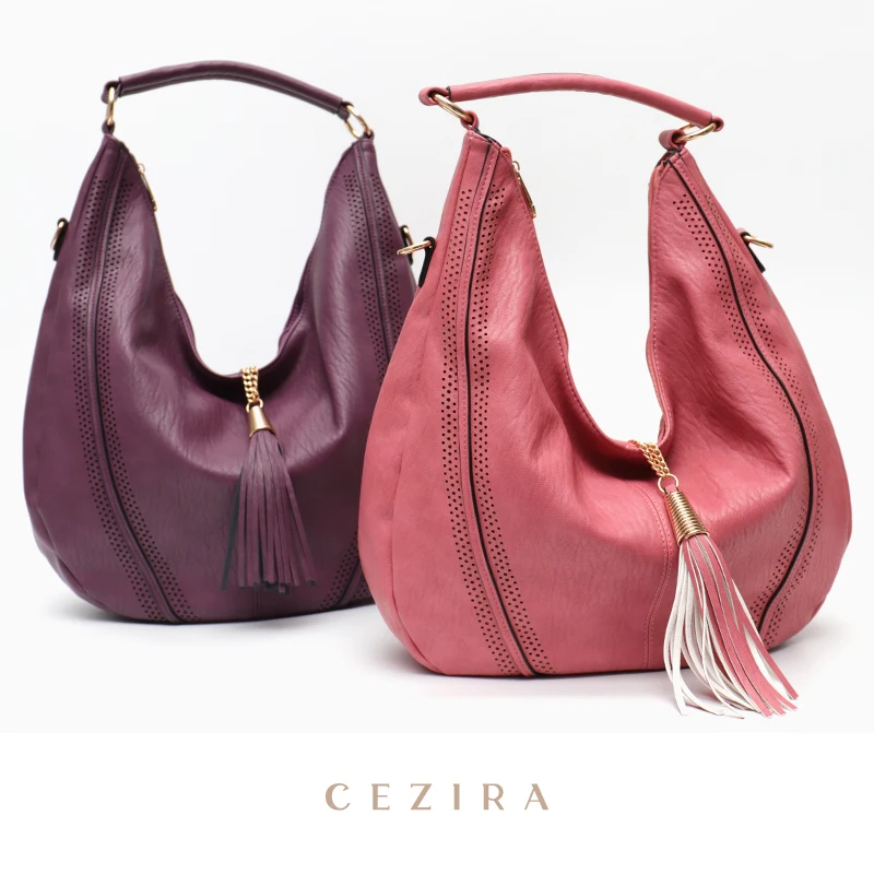 CEZIRA Tassel String Flap Hobo Over Shoulder Tote Bag Ladies Large Casual Fashion Vegan Leather Single Handle Crossbody Handbag