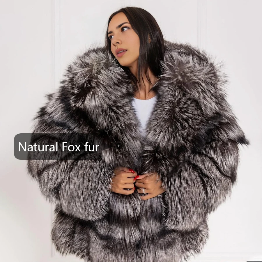 Echter silberner Fuchspelzmantel mit Kapuze, abgeschnittene Fuchspelzjacke, Damenjacke mit Naturfell, meistverkaufte Oberbekleidung aus echtem Fell
