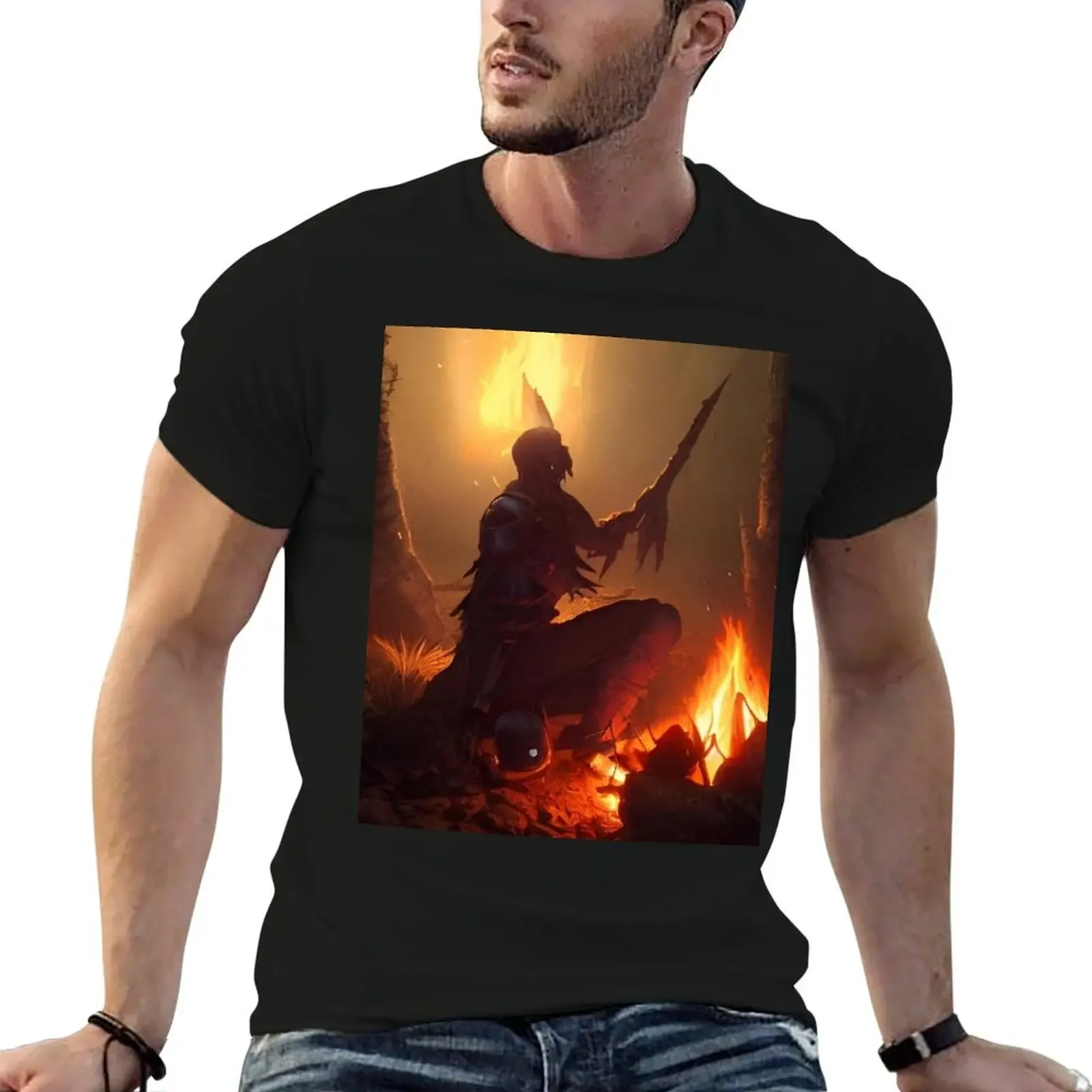 Female Warrior Kneeling By The Bonfire T-Shirt street wear hippie clothes mens vintage t shirts