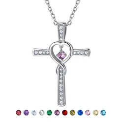 U7 925 Sterling Silver Infinity Cross Necklace for Women Clear CZ with Flexible Birthstones Birthday Dainty Jewelry Gift for Her